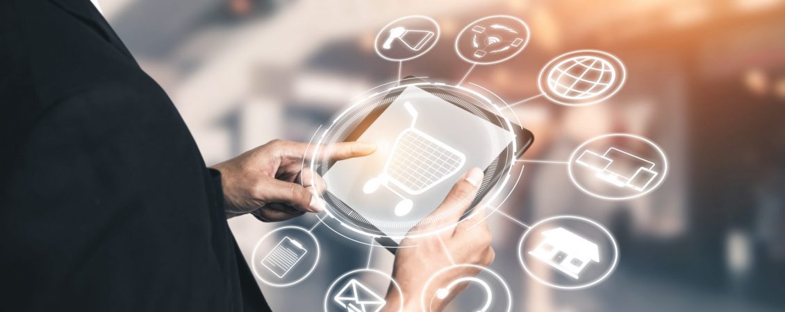 Omni channel technology of online retail business. Multichannel marketing on social media network platform offer service of internet payment channel, online retail shopping and omni digital app.